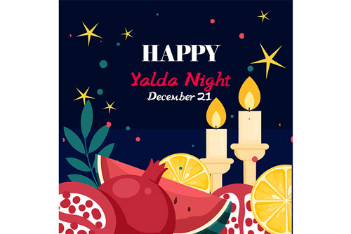 طرح گرافیکی شب یلدا شامل هندوانه و انار و شمع PSD لایه باز